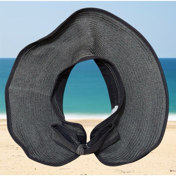 Sun Visor Hat Wide Brim Brown Woven Bow Adjustable Outdoor Shade Travel Packable - Picture 1 of 7